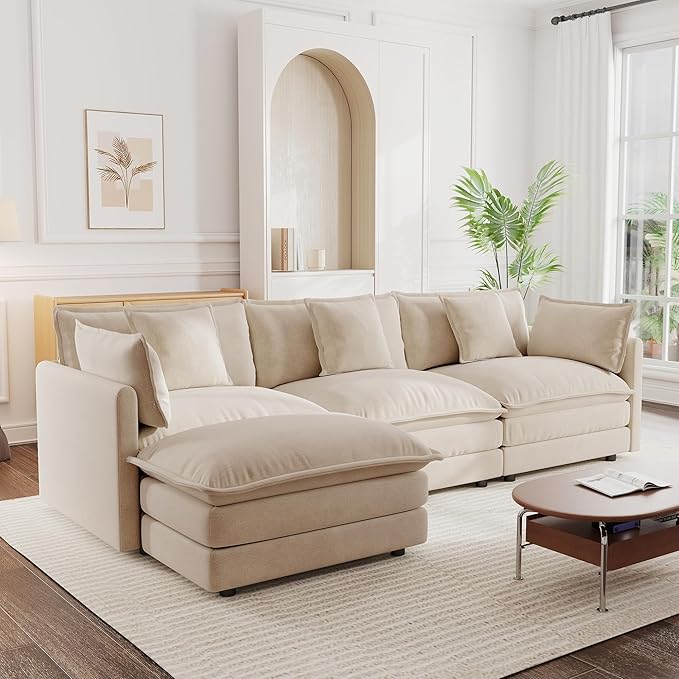 mikibama Modular Sectional Sofa, 111.5 Inch L Shaped Couch Set for Living Room, 3-Seater Comfy Cloud Couches with Movable Ottoman, DIY Combination, Chenille, Light Coffee