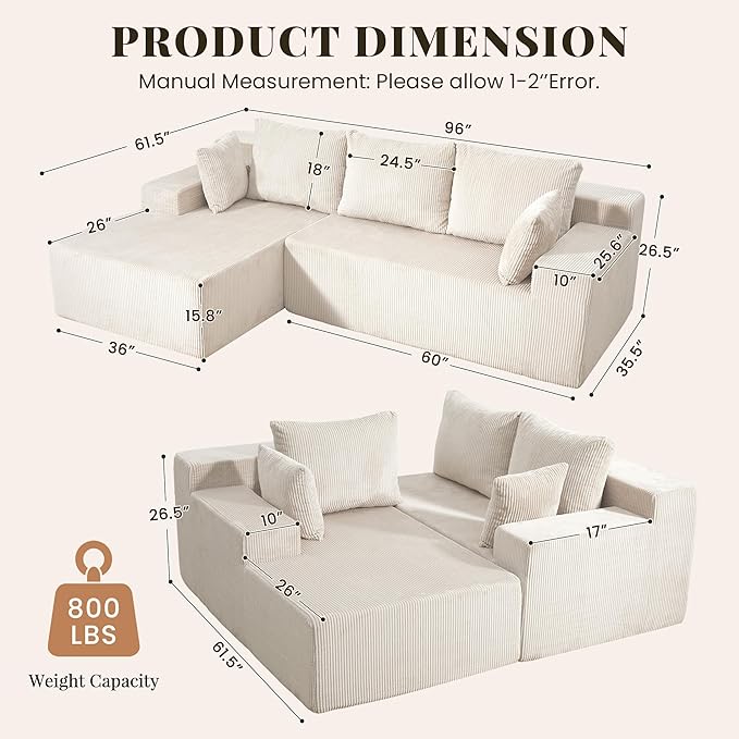 Cloud Sectional Boneless Couches for Living Room, Modular L Shaped Couch with Deep Seat Oversized Left Facing Chaise, Memory Foam Compressed Spineless 3 Seater Sofa for Apartment, Beige | No Assembly Required, Deep Seat, Cat-Claw Resistant, Flexible Mo...