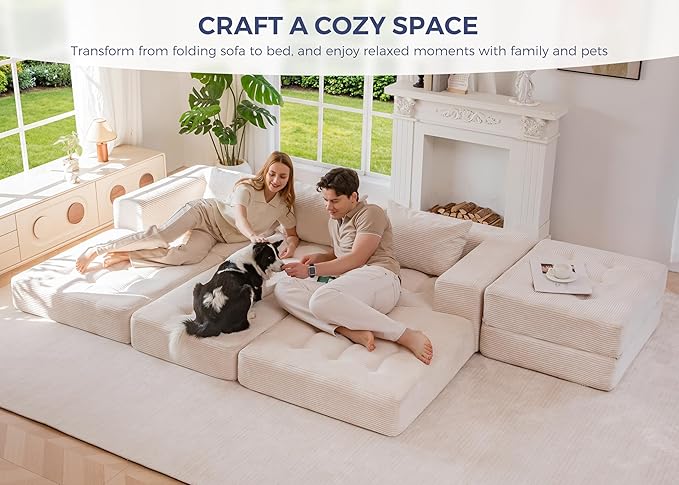 MAXYOYO Modular Sectional Sofa Couch, Foldable L-Shaped Folding Sofa Bed with Ottoman, Convertible Sectional Couch Corded Tufted Floor Sofa Lounger with Pillows for Living Room, No Assembly, Beige