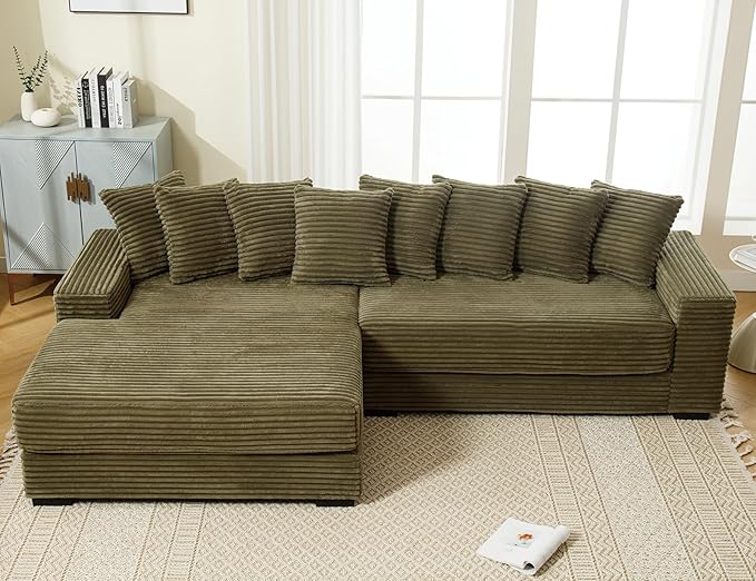 111 Inch Cloud Sectional Couches for Living Room | L-Shaped Sectional Couch with 8 Pillows | Corduroy Couch with Deep Seat | Solid Wood Frame Sofa Green (Left Facing Chaise)