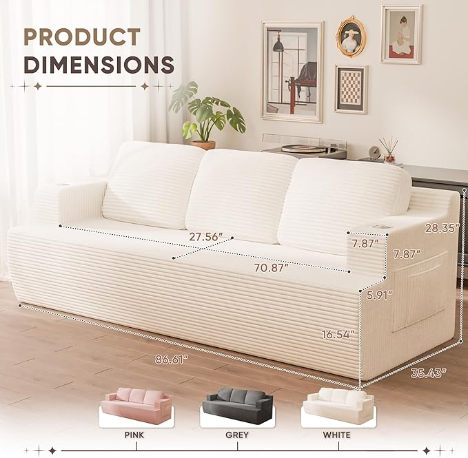 Homall 87” Boneless Sofa Couch with 2 Pillows Extra Deep Seats, Corduroy Fabric 3 Seater with Cup Holder & Storage Pocket Upholstered Floor Easy Installation (White, 3 Seater)