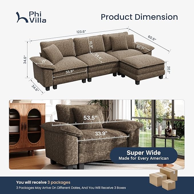 PHI VILLA Cloud Modular Couch Sets, 123.6" Sectional Sofa with L-Shaped Chaise, 4-Seater Upholstered Couches with Movable Ottoman for Living Room, Chenille Fabric, Taupe