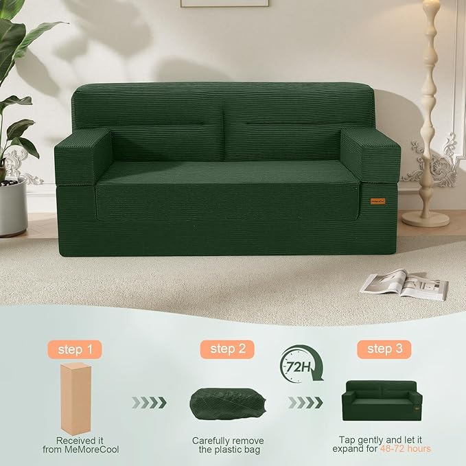 MeMoreCool Boneless Couch Convertible Sofa Bed Queen, Corduroy Futon Couch Sleeper Sofa, Boneless Loveseat Pull Out Couch Bed, Fold Out Floor Sofa for Living Room Bedroom Apartment, Green