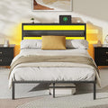 OURPIC Full Size Bed Frame, Bed Frame Full with LED Lights and Charging Station Headboard, Black Metal Platform Bedframe and Storage Shelf, No Box Spring Needed, Noise Free