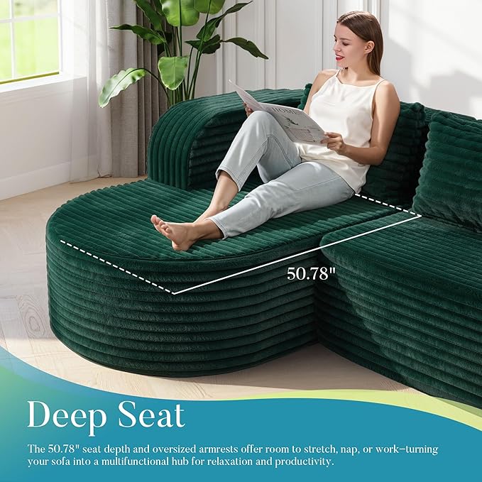 Hobestluk 96" Cloud Sectional Couch Modern Boneless Couch 3 Seater with Oversized Chaise L Shaped Modular Sofa Couches for Living Room Apartment No Assembly Required (Stripe Green,Left Facing Chaise)