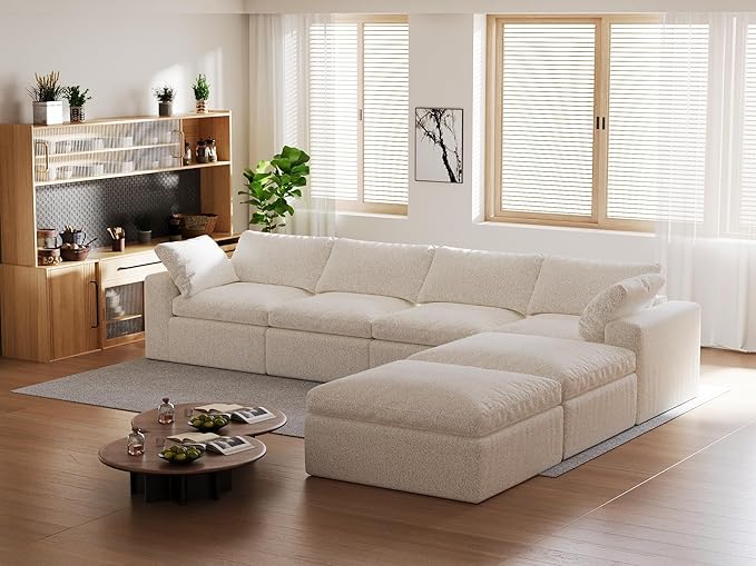 140’’ Oversized Boneless Couch for Living Room, Cloud Couch Modular Sectional Free Combination with Ottoman Washable Cushion Cover, No Assembly Required, White (4-Seat + 2 Ottoman)