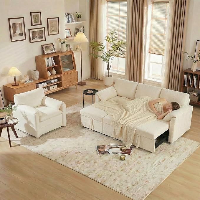 Tbfit Pull Out Sofa Bed with Chair, 3 in 1 Sleeper Sofa Couch with USB & Storage Chaise, Comfy Convertible Sleeper Sofas for Living Room, Small Spaces, White