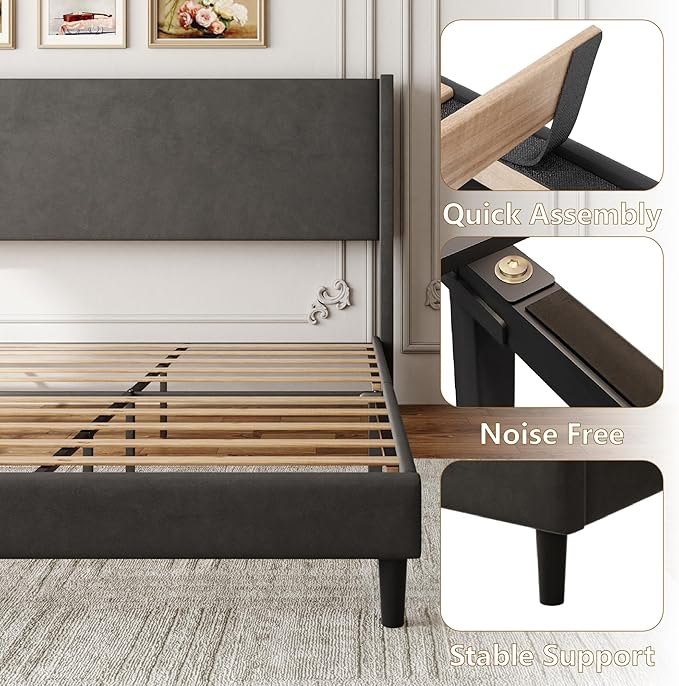 Sismplly King Bed Frame with Wingback Headboard, Velvet Upholstered Platform Bed with Wooden Slats, 6.46“ Under Bed Storage, Metal Support, Noise Free, No Box Spring Needed, Gray