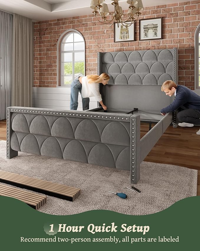 OHOHOLIVE Queen Size Bed Frame with 56" Headboard - Velvet Upholstered Wingback Platform Bed Frame, Noise Free, Sturdy Wooden Slat Support (Deep Gray, Queen)