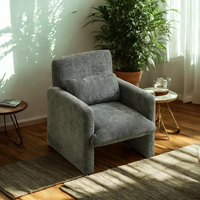 GDFStudio 30" Modern Accent Chair, Upgrade Leisure Boucle Upholstered Armchair with Straight Arms and Waist Pillow, Comfy Single Sofa Chair for Living Room Bedroom Office Apartment, Antique Green