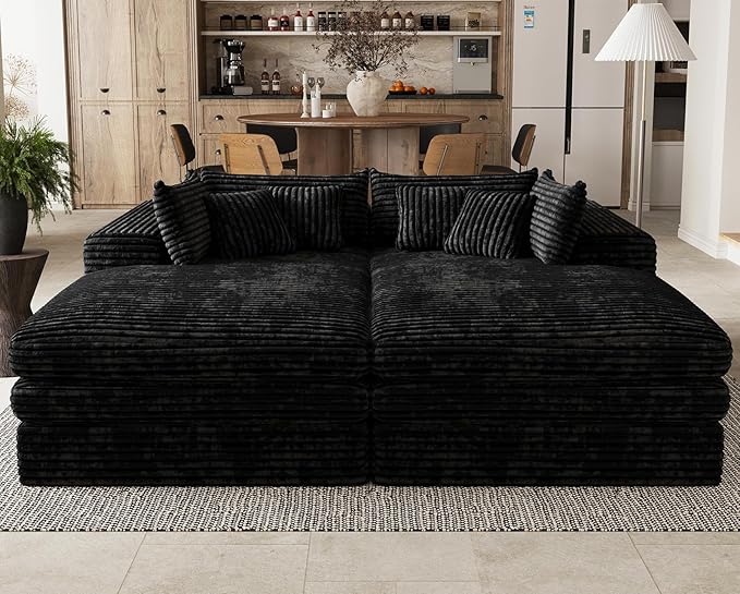 Belffin Double Chaise Lounge Sofa Bed Plush Corduroy Boneless Sectional Cloud Couches for Living Room Boneless Cloud Couch with Deep Seat No Assembly Required. Black Sofa