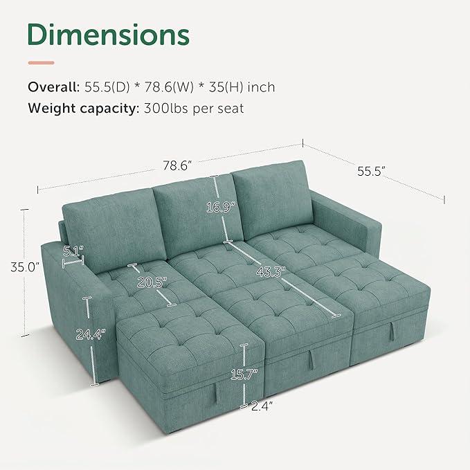 HONBAY Modular Sectional Couch Sleeper Sofa Bed with Storage Seats Oversized Sectional Couches for Living Room,Blue