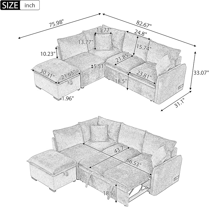 LUMISOL 82.7" Convertible Sleeper Sofa Bed with Storage Ottoman, L-Shaped Sectional Sofa with Pull Out Bed, USB Ports, Chenille Sleeper Sofa Couch with Chaise for Living Room, Orange
