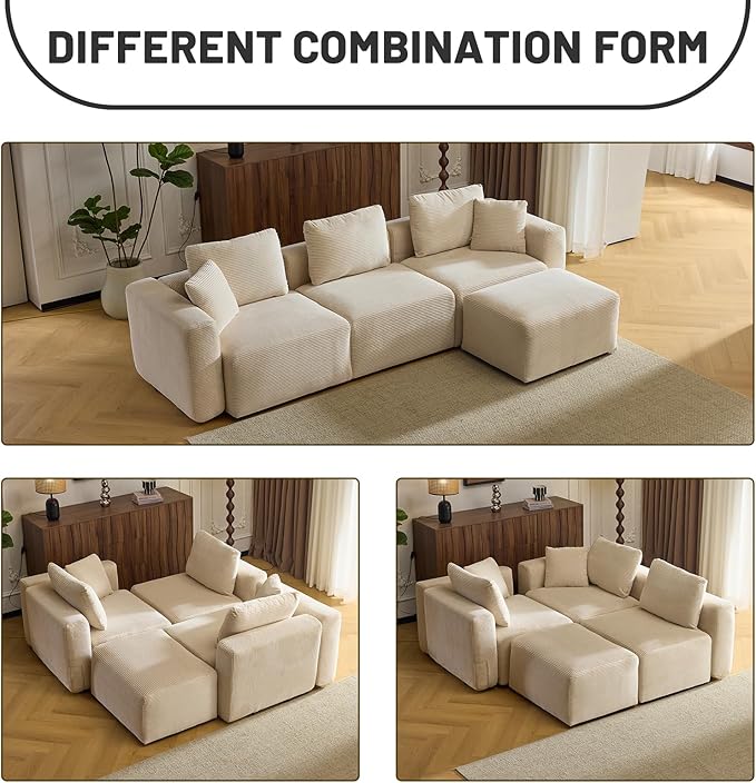 Karl home Modular Cloud Couch with Ottoman 112.2" Corduroy Sectional Sofa L-Shaped Modern Sofa Couch with Pillows for Living Room, Bedroom, Apartment, Creamy