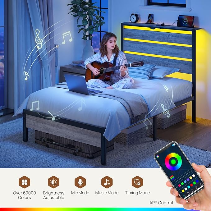Rolanstar Twin Bed Frame with LED Lights and Charging Station, Wood Storage Headboard and Under Bed Storage, Metal Platform Bed, Easy Assembly, No Box Spring Needed, Grey