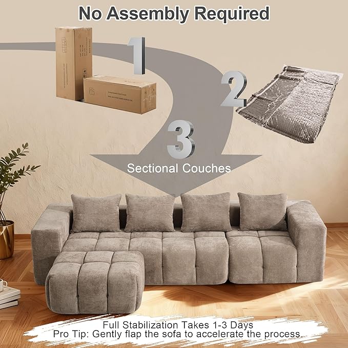 119" Boneless Couch, Cloud Sectional Couch with Deep Seat, High-Density Memory Foam and Chaise, Sectional L Shaped Sofa, Boneless Couches for Living Room, No Assembly Required Tufted Sofa, Brown