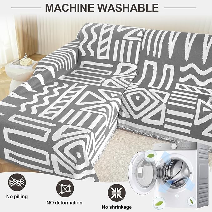 OstepDecor Boho Sectional Couch Covers 2 Pieces, L Shaped Sofa Cover, Chenille Couch Cover for Dogs Washable, Couch Cover Blanket, Sofa Slipcover for 2-3 Cushion Couch (71"x118"+91"x134", Dark Grey)