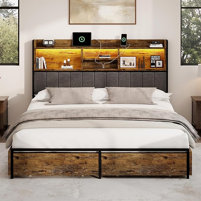 BRELTAM King Bed Frame with 6 Storage Drawers, Linen Upholstered Headboard, Built-in USB Charging Station & LED Lighting, Silent Metal Support, No Box Spring Needed, Vintage Brown