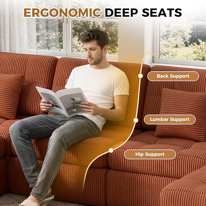 112" L Shaped Cloud Boneless Couch,Modern Modular Sectional Sofa with Layered Cushion,No Assembly Convertible Corduroy Couches for Living Room,Caramel 1 PCS