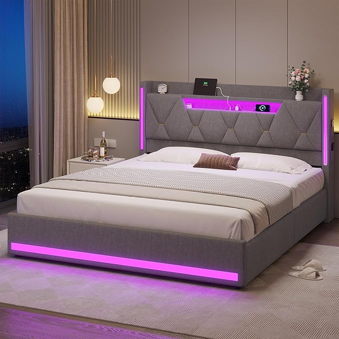 busyaeh Queen Size Bed Frame with 4 Drawers,Light up Bed Frame with Headboard and Storage, Metal Queen Platform Storage Queen Bed with Charging Station, No Box Springs Needed, Easy Assembly,Dark Gray