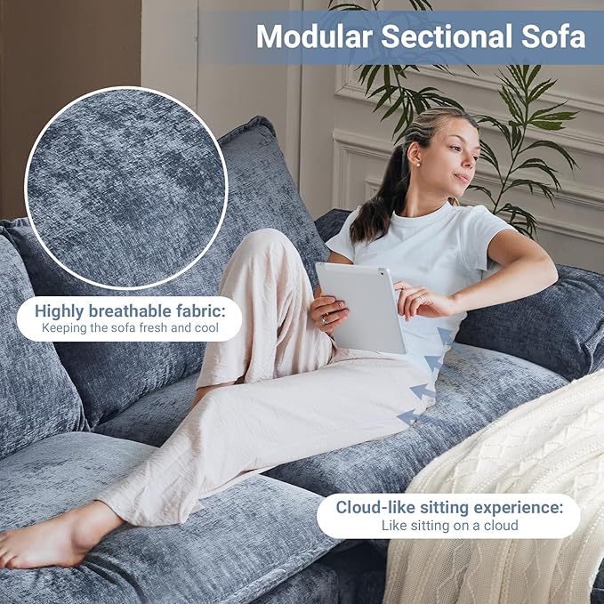 VINGLI 122" Cloud Navy Blue Convertible Sectional Sofa, Comfy U-Shape Extra Deep Seat Sofa Couch for Living Room,Modern Chenille 3-Seat Convertible Sofa with 2 Movable Ottomans for Small Space