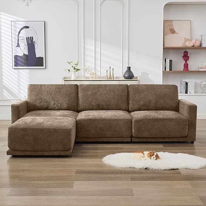 110.6" L Shaped Modular Sectional Sofa Modern Chenille Comfy Couch with Thickened Seat Cushions, Easy Assembly, Upholstered 4 Seater Couch with Movable Ottoman for Living Room, Brown