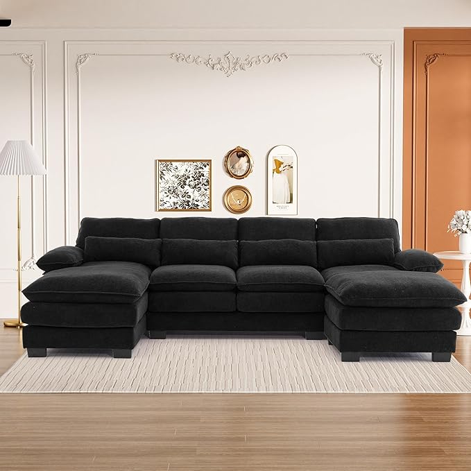 113" Cloud Couch Sectional Modular Sofa U Shaped Sectional Couches for Living Room Comfy 5-Seater Deep Seat Couch Chenille Cloud Sectional Sofa with Movable Ottoman & 4 Pillows, Black