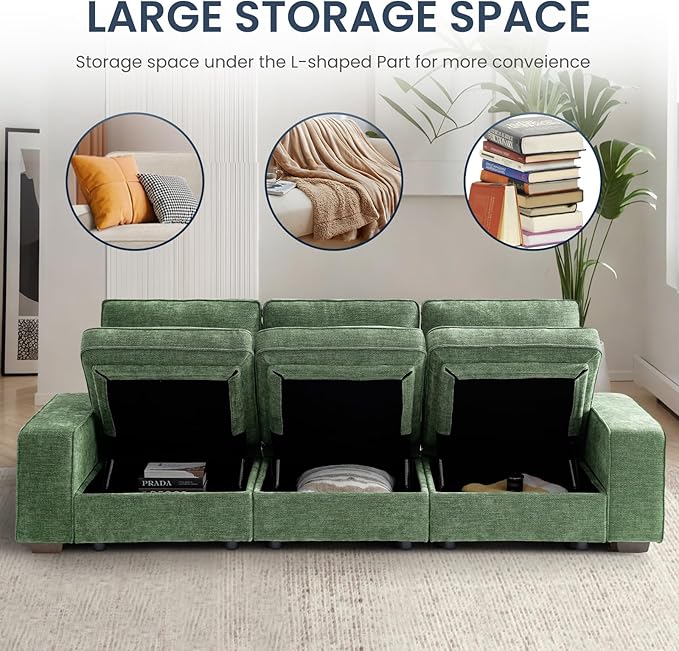 TEKAMON 73" Modular Sofa Couch with Seat Storage, Comfy 2-Seater Chenille Fabric Loveseat Sofa for Living Room, Office, Apartment W/Deep Seat, Wide Armrest, USB Charing Removable Cover(Green)