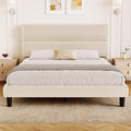 GRUSIGN Queen Size Platform Bed Frame with Velvet Headboard, Adjustable Height Wooden Slats Support, Upholstered Mattress Foundation, Fits Mattress or Mattress with Box Spring, Easy Assembly, Beige