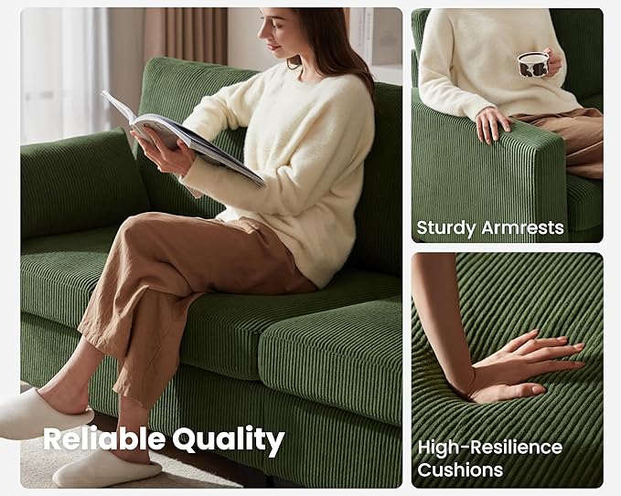 CHIC HOUSE Modular Sectional Sofa with Storage Ottomans, Corduroy Cloud Couch for Small Spaces & Apartments, Reconfigurable L/U Shaped Convertible Corner Sofa, Green, Armrest