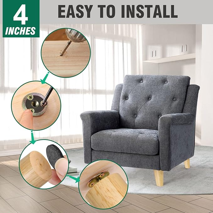 FoDau770 Rubber Wood Furniture Legs 4 Inches, Slant Tapered Wood Feet Mid Century Sofa Legs Set of 4, 5/16" UNC Furniture Feet Replacement Parts for Cabinet Couch Dresser Chair Ottoman Table