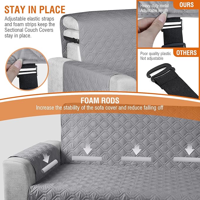 VANSOFY Sectional Couch Covers 100% Waterproof L Shaped Sofa Slipcover 3pcs Reversible Chaise Lounge Cover for Sectional Sofa Furniture Protector Cover for Pets Cat Dog(Small, Light Gray)