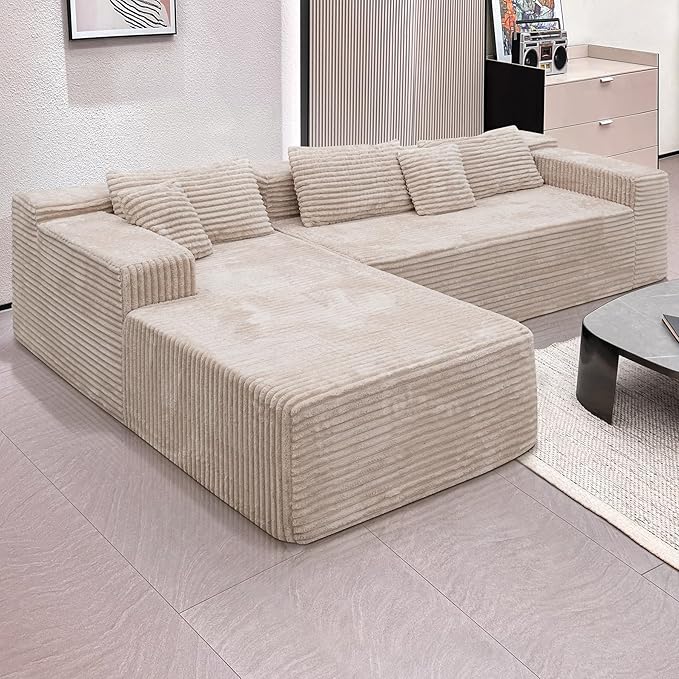 Boneless Modular Sectional Sofa, Cloud Couch with Right Facing Chaise, Oversized Deep Seat, L-Shaped, Soft Corduroy Fabric, Sectional Couch for Living Room -White