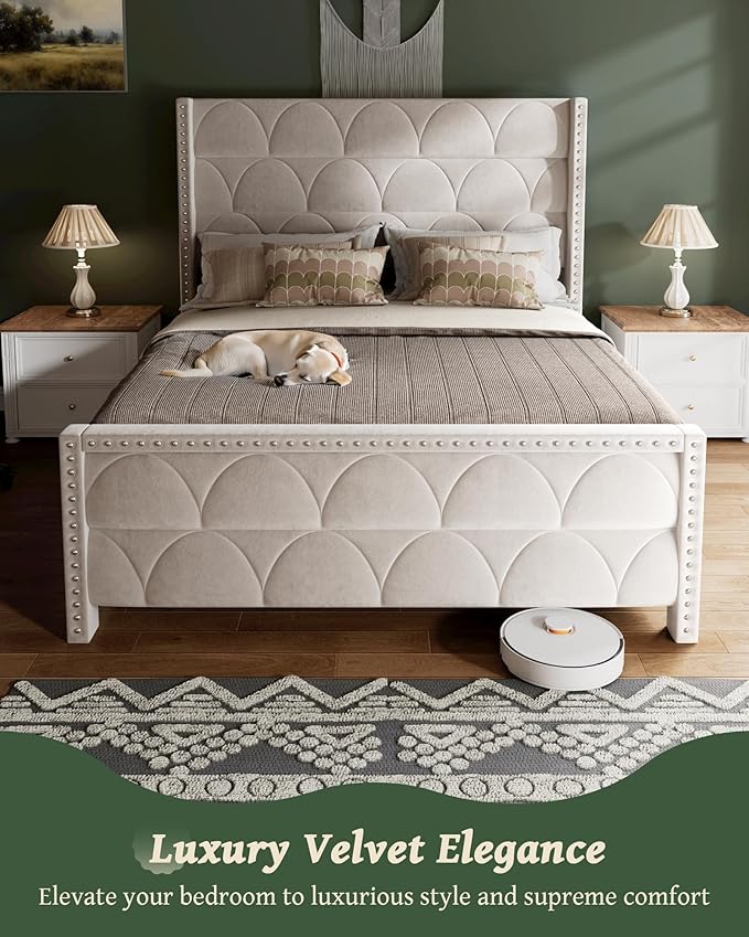 OHOHOLIVE Queen Size Bed Frame with 56" Headboard - Velvet Upholstered Wingback Platform Bed Frame, Noise Free, Sturdy Wooden Slat Support (Cream, Queen)