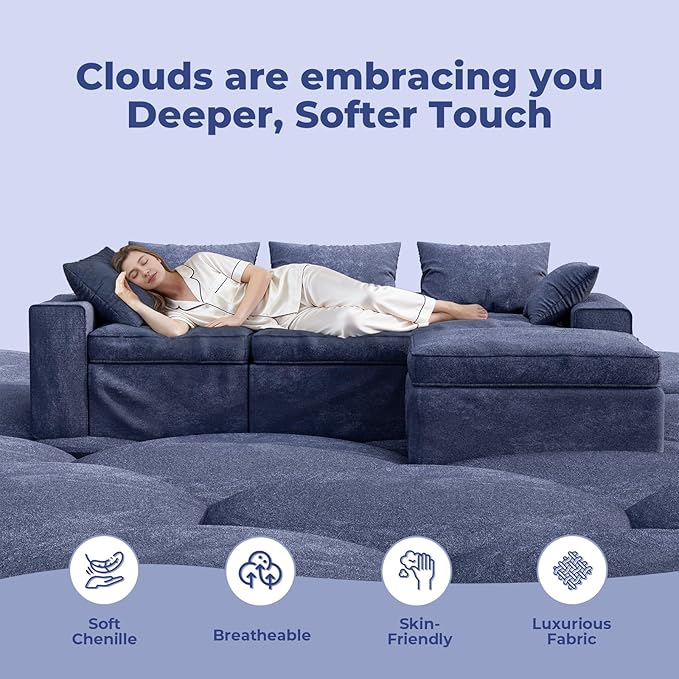 108 Inch Cloud Sectional Couch, Modular Sectional Sofa with Deep Seat, Convertible L-Shape Couch with Ottoman, 3 Seater Cloud Couches for Living Room, No Assembly Required (Blue)
