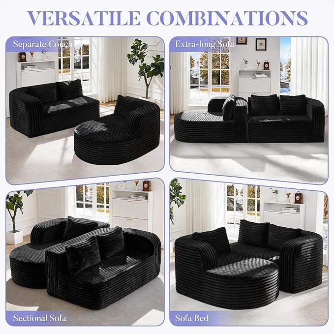 Hobestluk 96" Cloud Sectional Couch Modern Boneless Couch 3 Seater with Oversized Chaise L Shaped Modular Sofa Couches for Living Room Apartment No Assembly Required (Stripe Black,Left Facing Chaise)