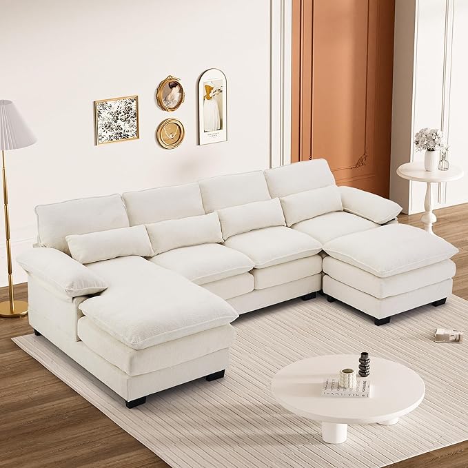 113" Cloud Couch Sectional Modular Sofa U Shaped Sectional Couches for Living Room Comfy 5-Seater Deep Seat Couch Chenille Cloud Sectional Sofa with Movable Ottoman & 4 Pillows, Cream White