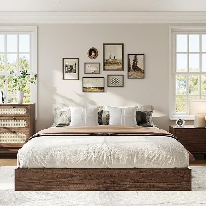 Wood Platform Bed with Sturdy Wooden Slats, Queen Size Floor-Standing Bed Frame, Modern Minimalist Design Bed Frame, No Box Spring Needed, Easy Assembly