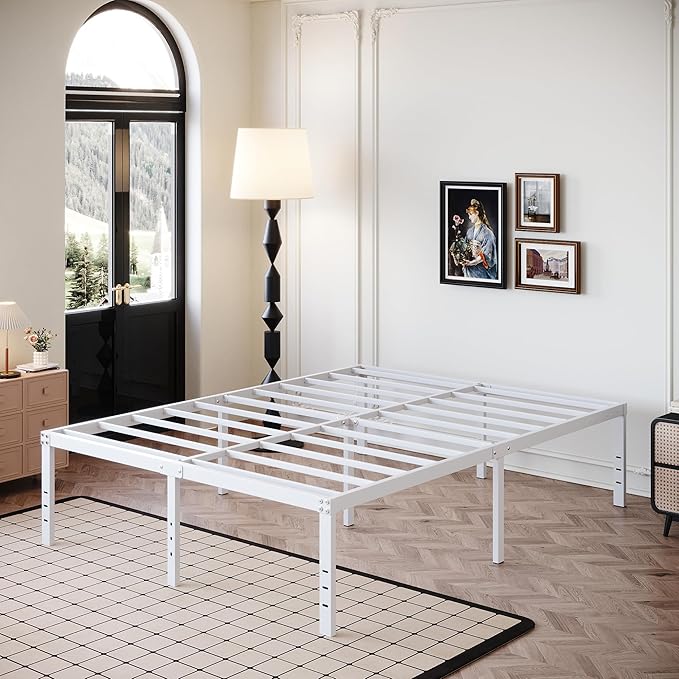 DiaOutro 18 Inch Queen Bed Frame Heavy Duty Metal Platform No Box Spring Needed, Maximum Storage, Easy Assembly, Noise Free, White