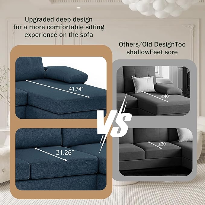 111" Sectional Couch for Living Room, Modern Polyester Fibre U Shaped Sofa Couches with Double Chaise, Upholstered 4 Seater Sofa for Living Room, Apartment, Office, Blue