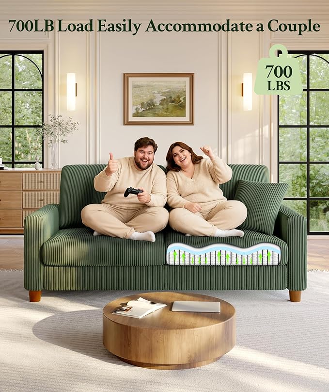 70.2" Couches for Living Room, Comfy Green Couch 7.1" Extra Thick Cushion, Sofas for Living Room Tool-Free Setup, Loveseat Sofa 705lbs Support, Corduroy Couch for Bedroom, Apartment, Office
