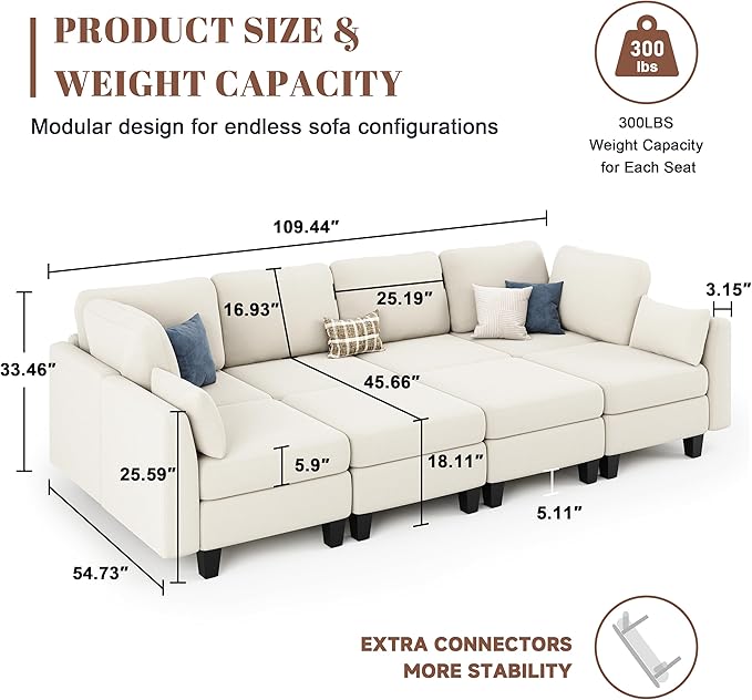 Sectional Sleeper Sofa, 8 Seaters Modular Sleeper Sofa Couch, Comfy Sectionals Couches Bed, Convertible Sofas with Ottomans, Modular Sectional Couches for Living Room, Beige