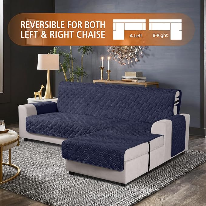 VANSOFY Upgraded Sectional Couch Covers 100% Waterproof L Shaped Sofa Slipcover Reversible Chaise Lounge Cover for Sectional Sofa Furniture Protector Cover for Pets(Small, Dark Blue)