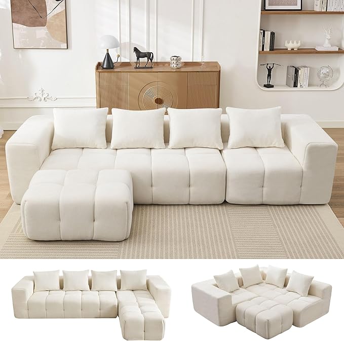 119" Boneless Couch, Cloud Sectional Couch with Deep Seat, High-Density Memory Foam and Chaise, Sectional L Shaped Sofa, Boneless Couches for Living Room, No Assembly Required Tufted Sofa, Beige