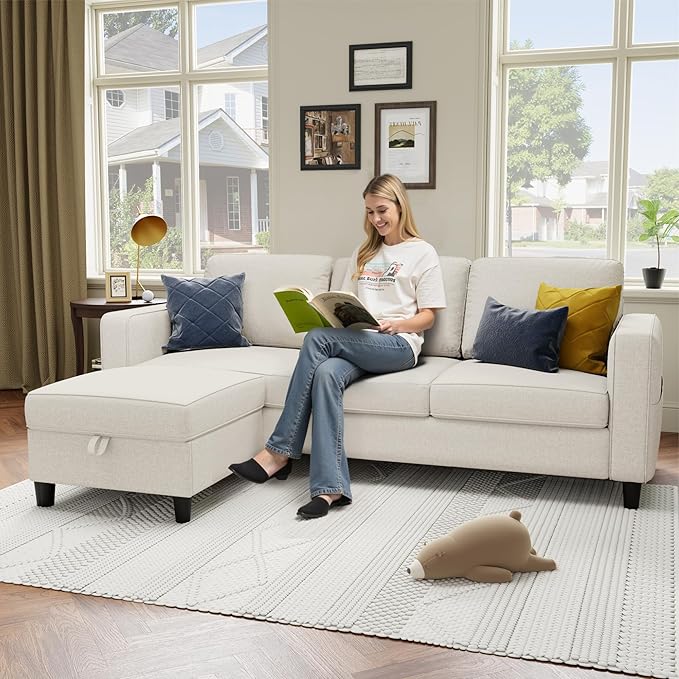 Sectional Sofa and Couches for Living Room - 78''L Shaped Beige Linen Couch-Pet Friendly Modular 3-Seater Convertible Sofas-Washable Covers-Suitable for The Living Room, Apartment or Bedroom
