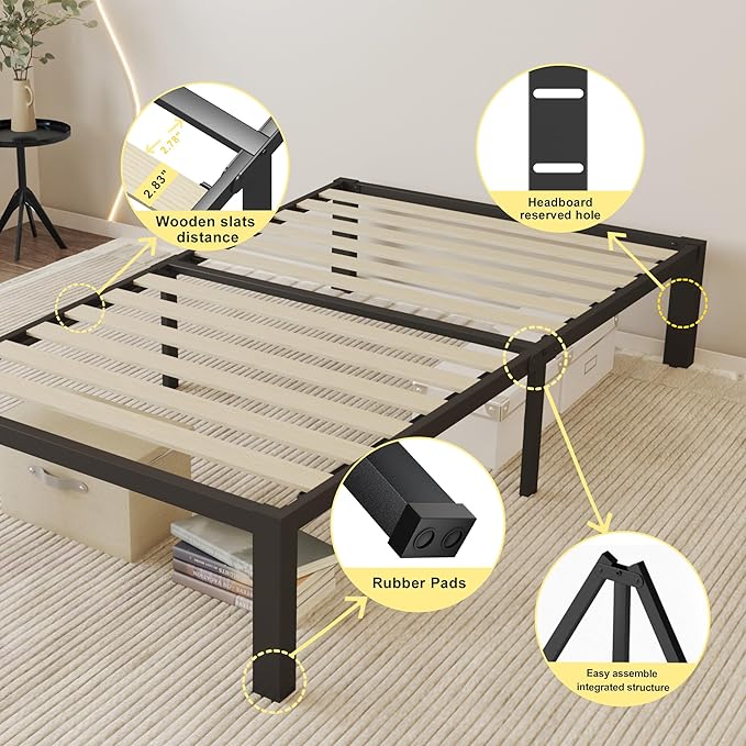 ROIL 14 inch Twin Size Bed Frames with Wide Wood Slats - 3500lbs Heavy Duty No Box Spring Needed Platform, Mattress Stoppers Single Metal Noise Free, Headboard Hole Underneath Storage