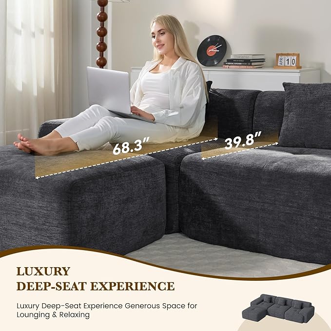 158" U Shaped Convertible Modular Couch, Cloud Couch Sectional with Ottoman, 6-Seater Chenille Boneless Couches for Living Room, Apartment, No Assembly, Grey Black 1PCS