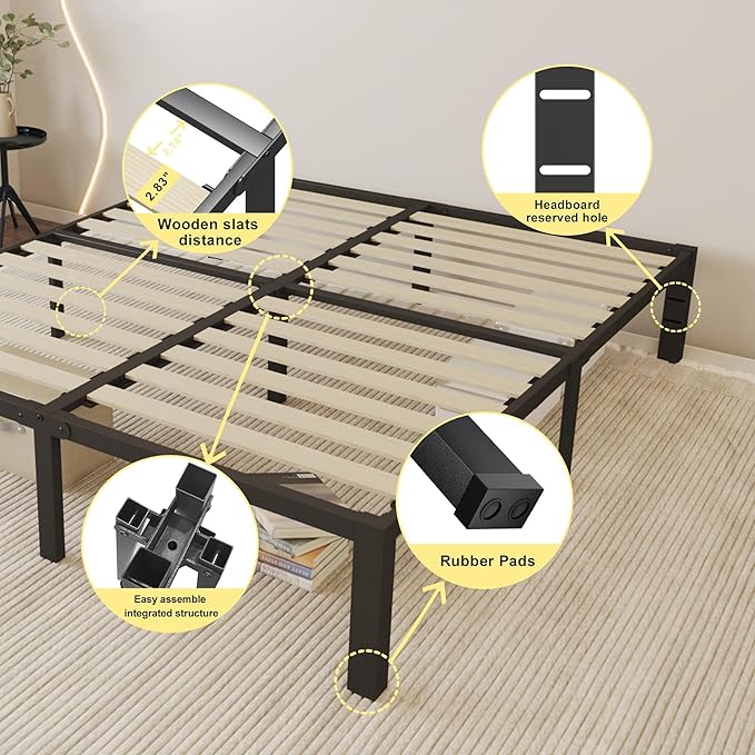 ROIL 14 inch Queen Size Bed Frame with Wood Slats - 3500lbs Heavy Duty No Box Spring Needed Platform, Mattress Stoppers Double Metal Noise Free Bedframe with Headboard Hole