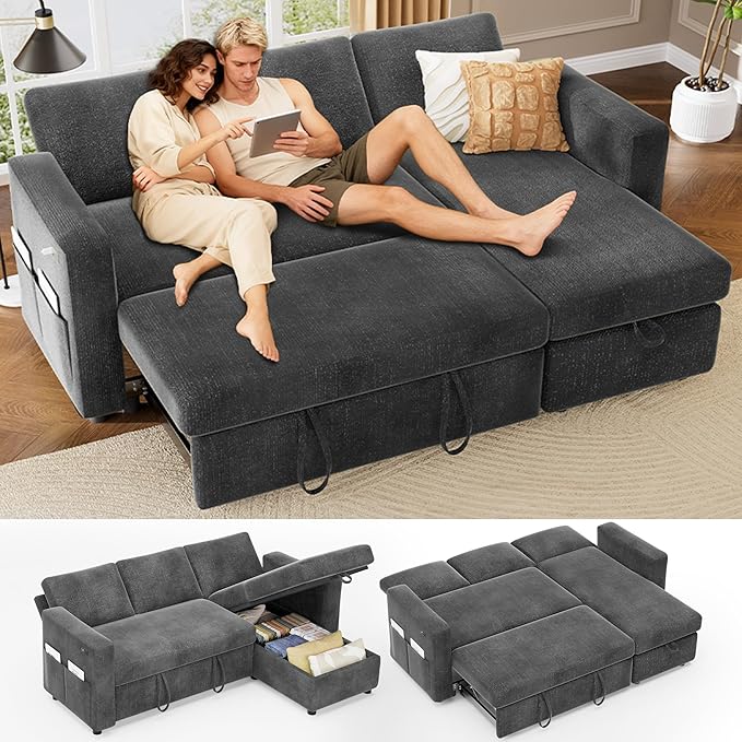 Vipbear 82" Sectional Sleeper Sofa with Pull Out Bed, L Shaped Couch Sleeper Sofa Bed, Pull Out Couch with Reclining Backrest, Reversible Storage Chaise, USB Ports, Tool-Free Assembly, Chenille Grey