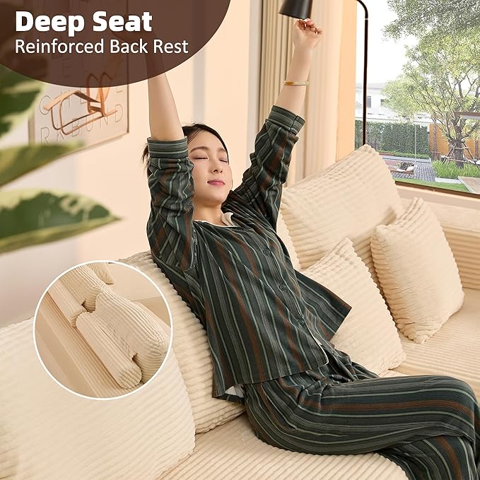Chaise Lounge Chair, Boneless Couch for Living Room and Bedroom, Set of Sleeper Couches Reading Chairs, Corduroy, White